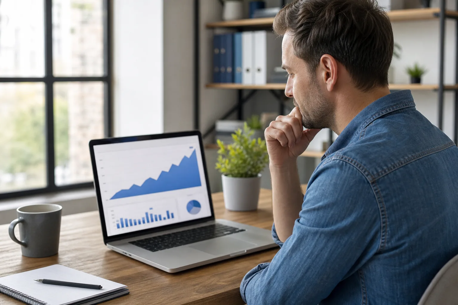 Local business owner checking Facebook Page follower growth on laptop